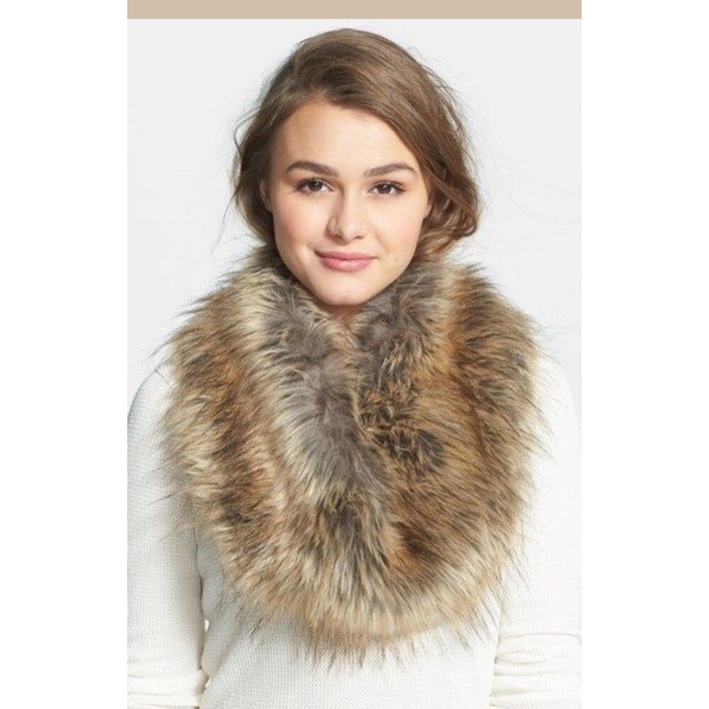 BP Nordstrom Faux Fur Stole Infinity Wrap One Size Brown Gray Plush GLAM